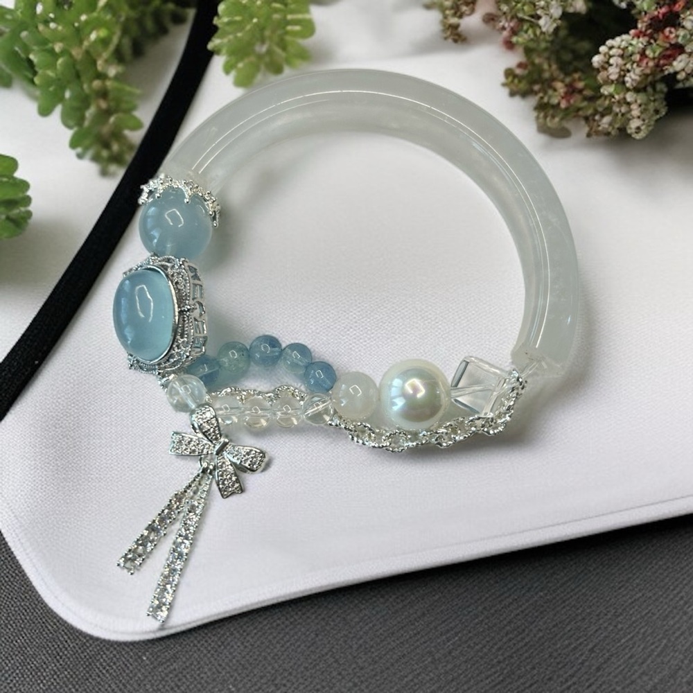 Aquamarine & Clear Quartz Bow Charm Bracelet -3